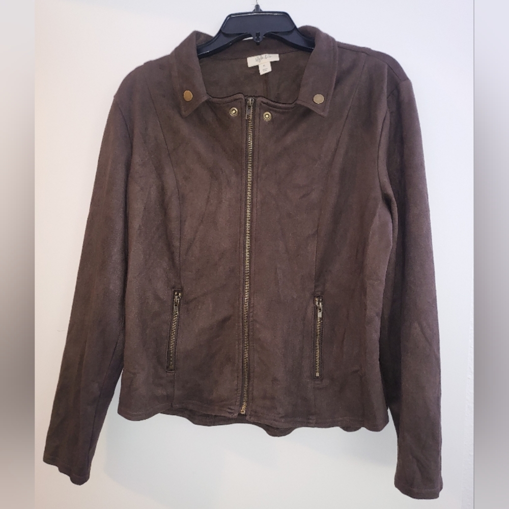 Style & Co brown faux suede zippered jacket with pockets & stretch Size PL